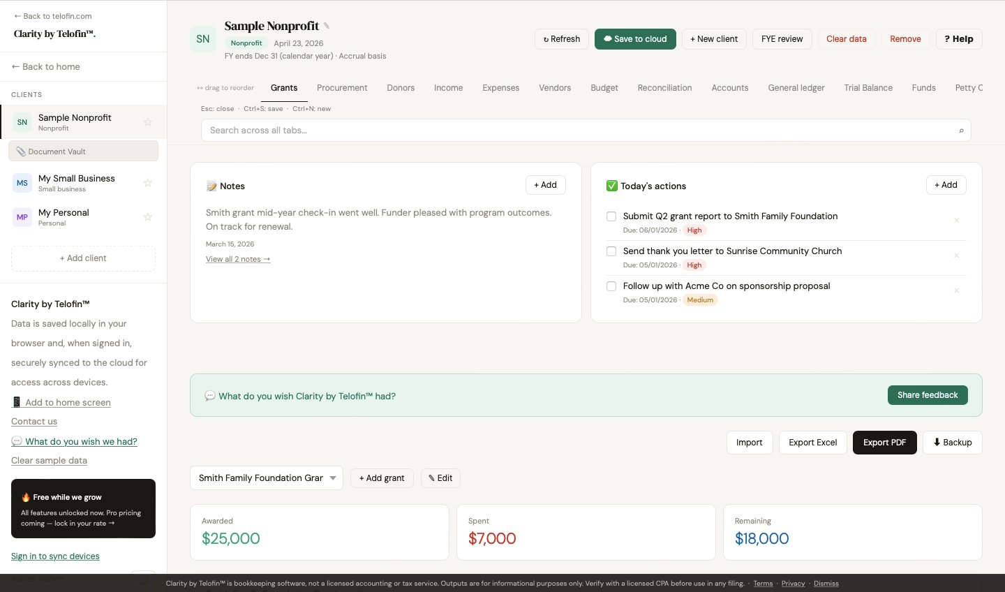 Clarity by Telofin app — grant tracking dashboard showing Smith Family Foundation grant: $25,000 awarded, $7,000 spent, $18,000 remaining