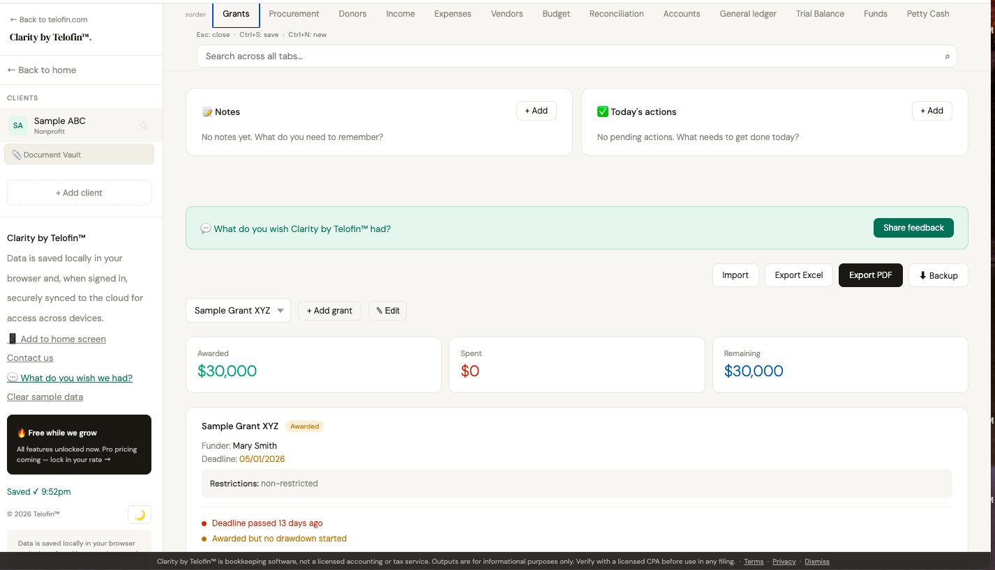 Clarity by Telofin — Grant tracking dashboard showing awarded, spent, and remaining amounts